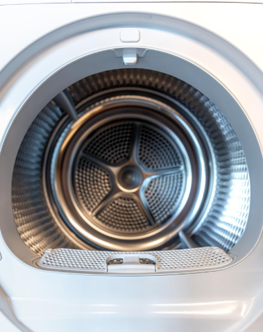 Interior de una secadora de ropa blanca, mostrando el tambor giratorio y el filtro de pelusa.