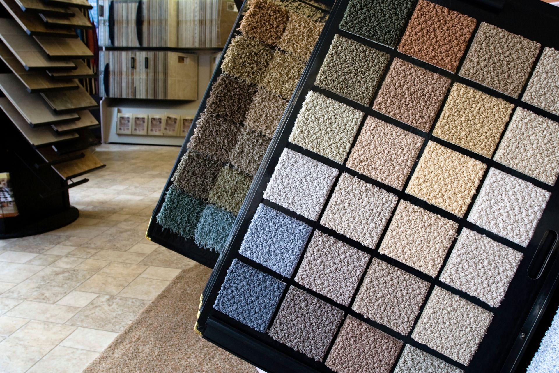 A display of carpet samples in a store