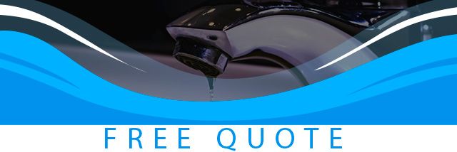 Blue banner displaying ‘Free Quote’ offer in front of a sink with water dripping.