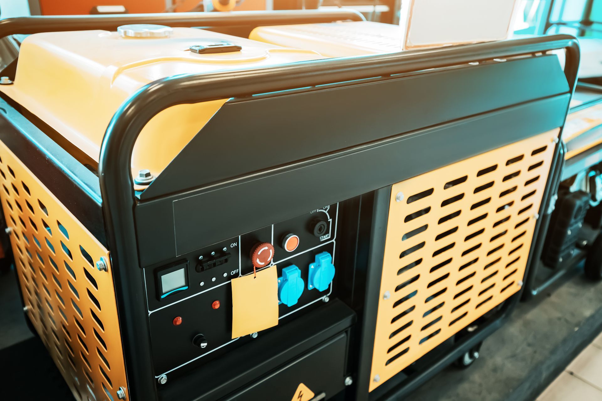 A yellow and black generator is sitting on a table.