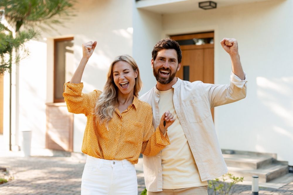 Couple celebrating in front of a house, arms raised in excitement.