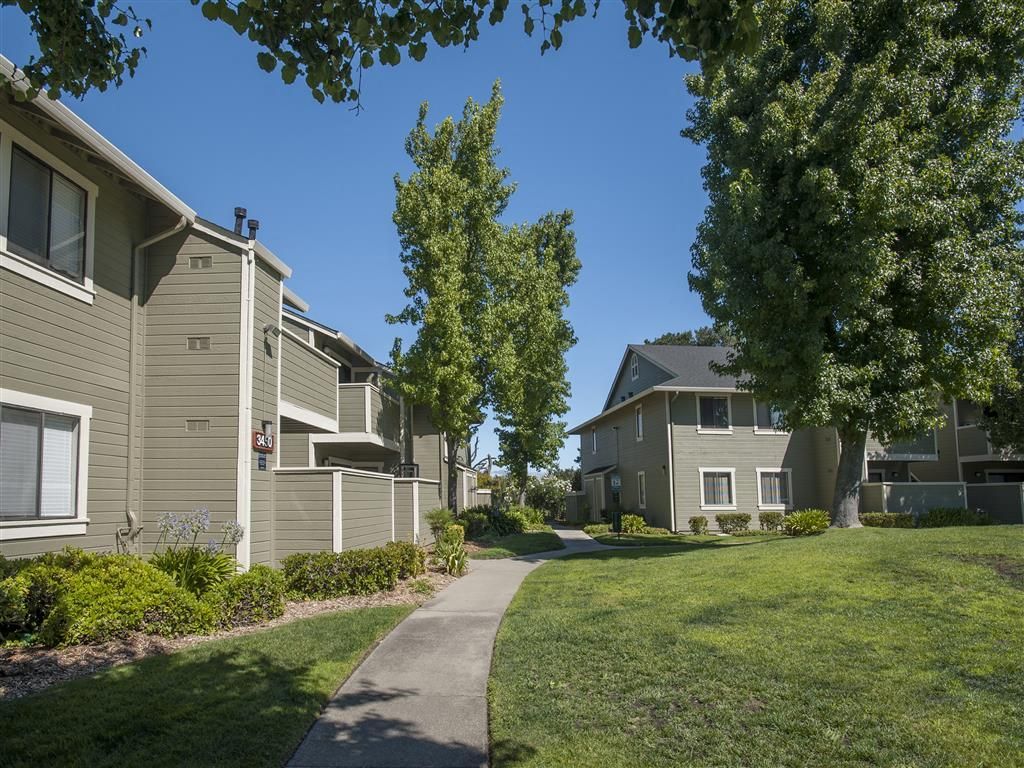 Pathway through a landscaped apartment community with beige buildings, green lawns, and tall trees under a blue sky.