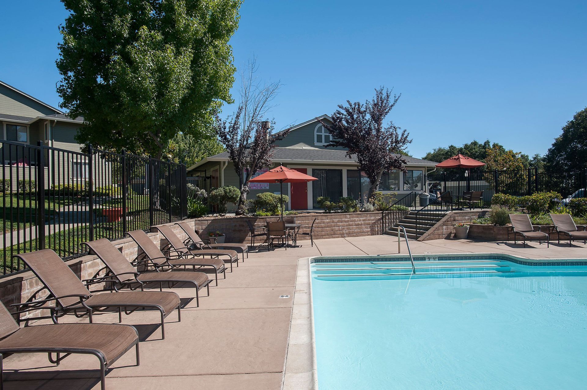 Swimming pool with lounge chairs, trees, and buildings on a sunny day.