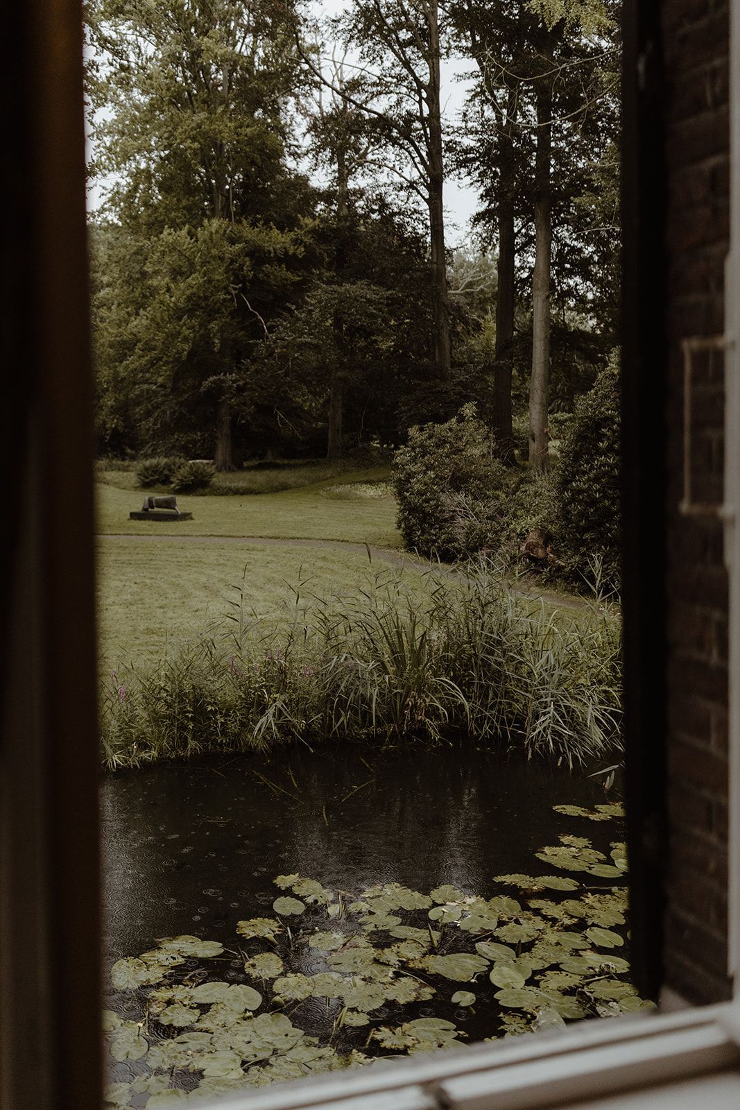 Uitzicht op een vijver door een raam met waterlelies erin.