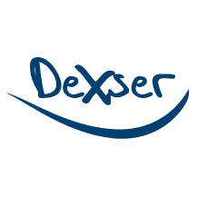 Un logo dexter bleu sur fond blanc