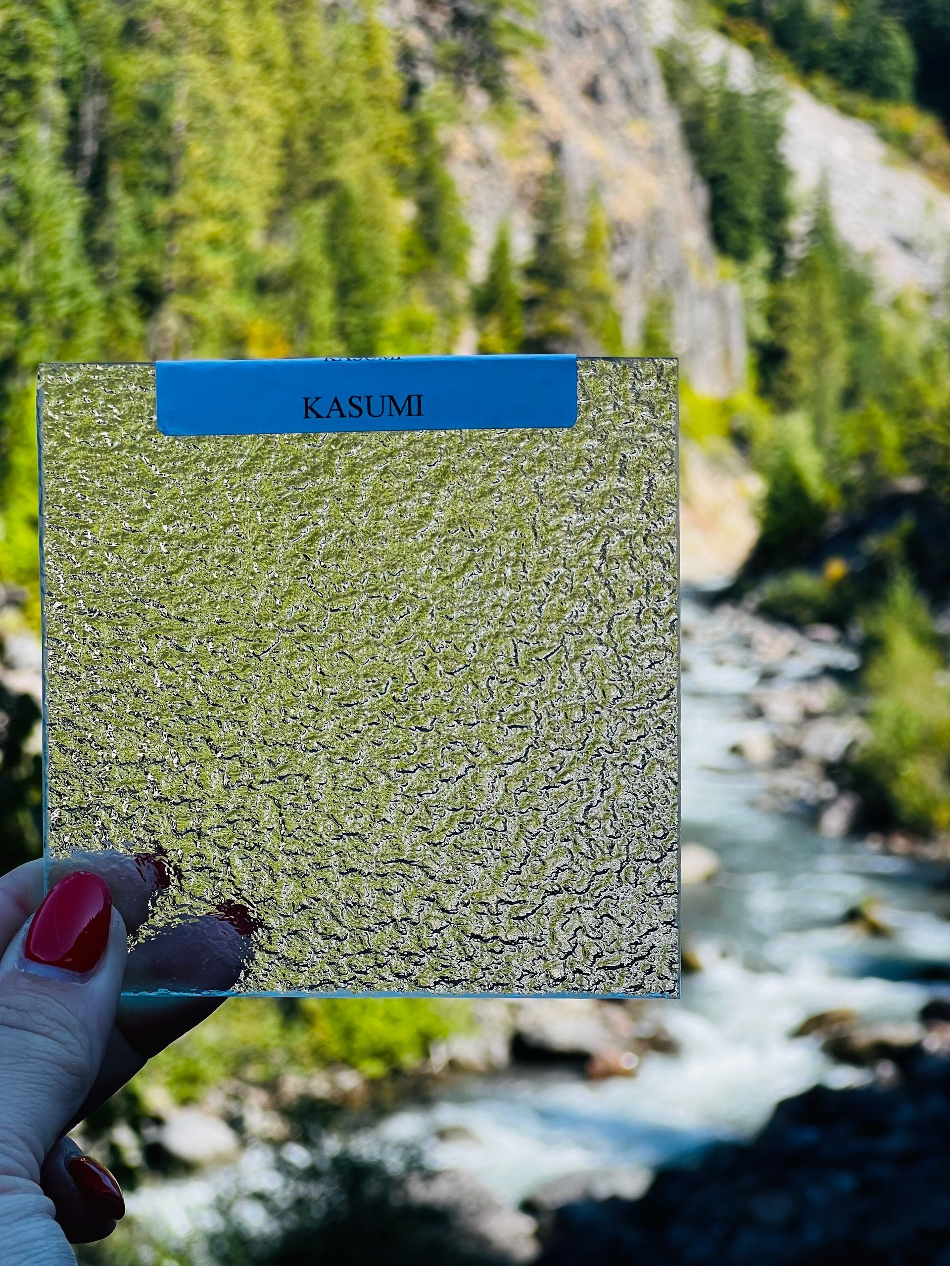 A woman is holding a piece of glass in front of a river.