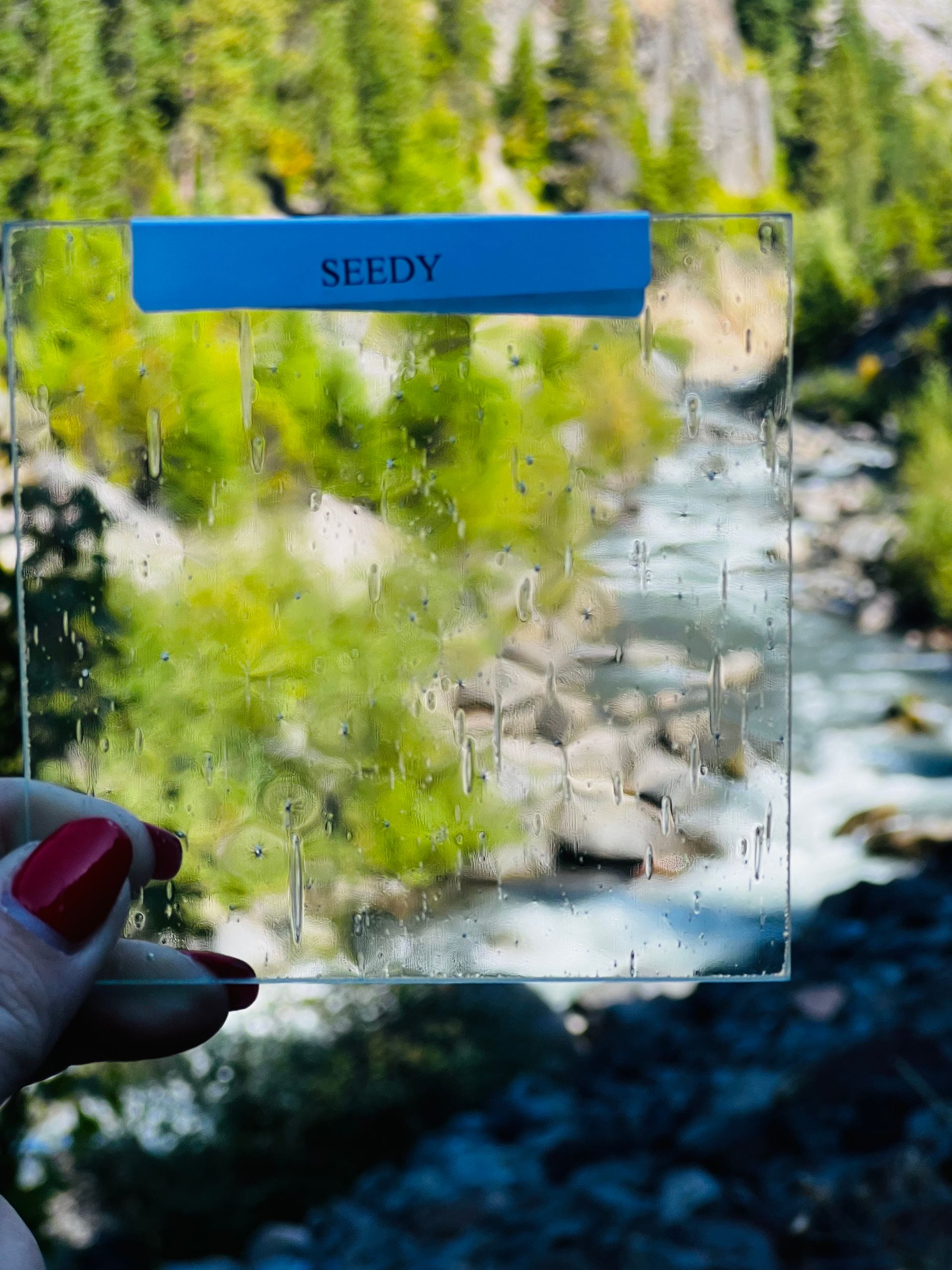 A person is holding a piece of glass in front of a river.