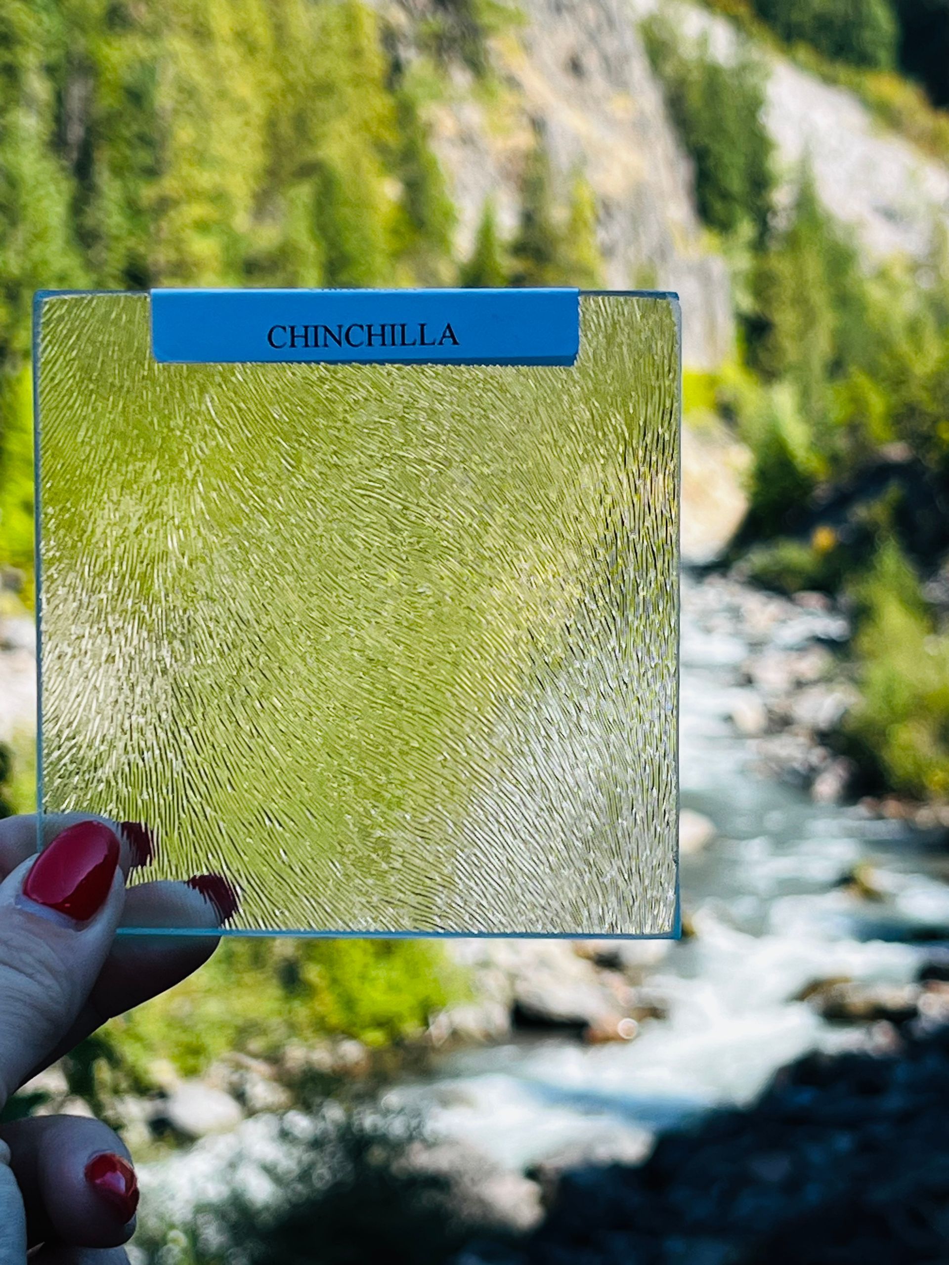A woman is holding a piece of glass in front of a river.