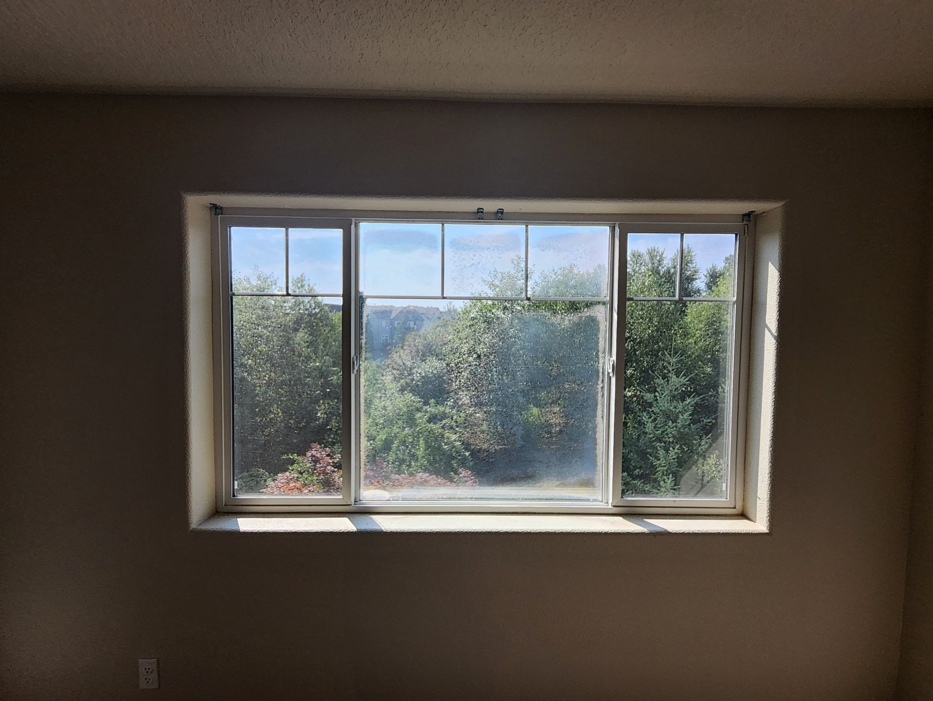 A large window with a view of trees in a room.