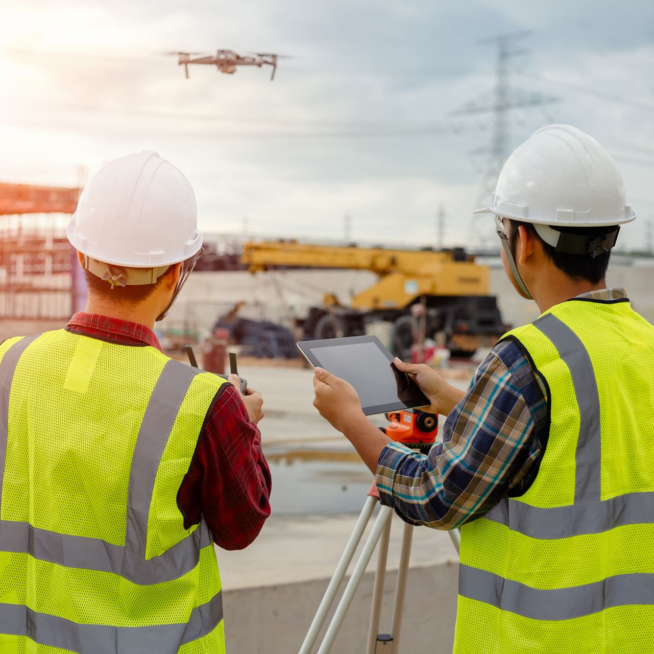 Two construction workers in safety vests and helmets monitor a drone at a site marked by orange cones.