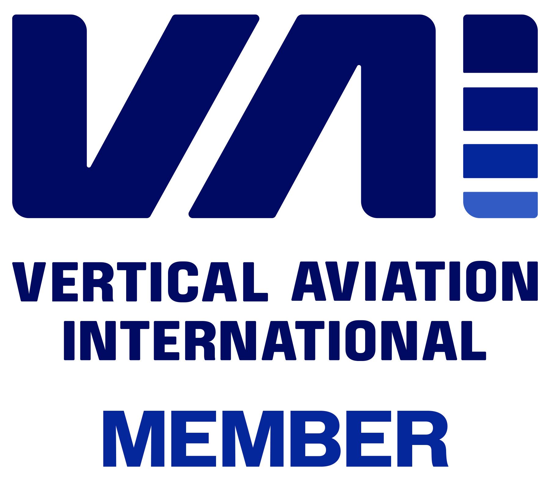 Logo of Vertical Aviation International; blue text and graphic,