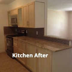 A renovated kitchen featuring light wood cabinets, granite countertops, and a dark mosaic tile backsplash.