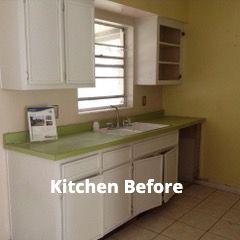 An outdated kitchen with white cabinets, a green countertop, tile flooring, and a window above the sink.