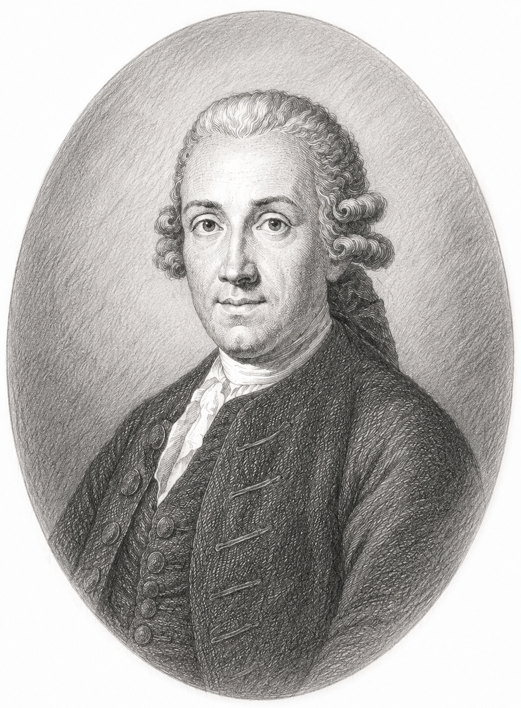 Ovaal zwart-wit portret van een formeel geklede man met krullend haar, die iets naar links kijkt.