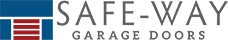 Logo of Safe-Way Garage Doors, with blue and red garage door graphic and gray text on a white background.