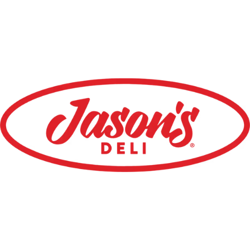 The logo for jason 's deli is a red oval on a white background.