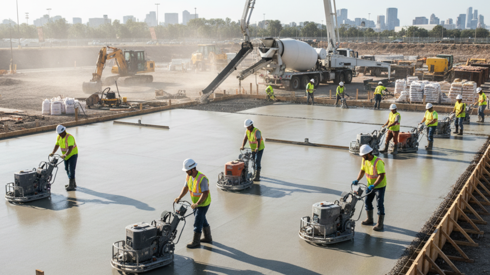 Construction workers using grinders on a concrete slab at a construction site.