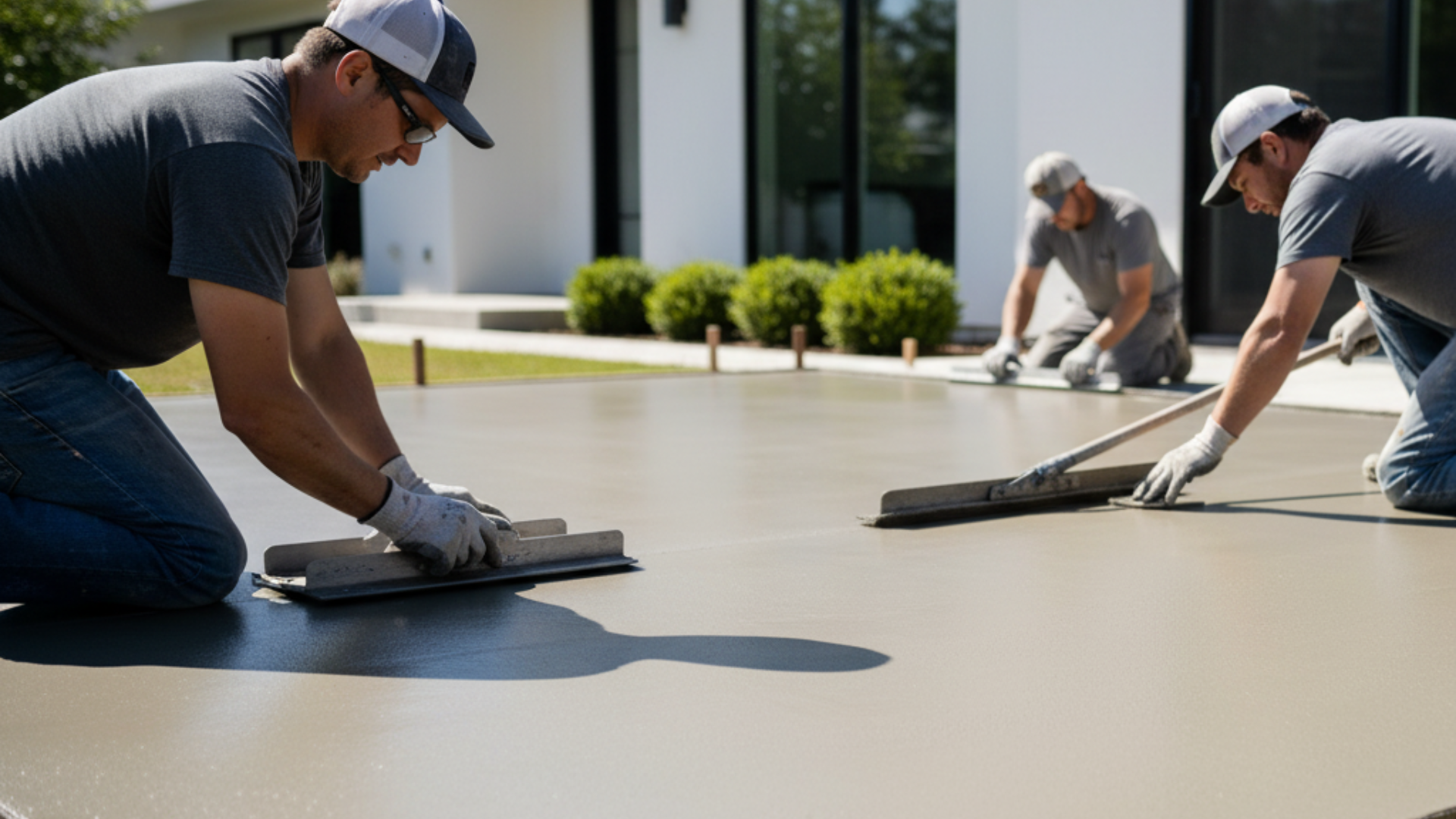 Three construction workers smoothing wet concrete on a patio, wearing hats, gloves, and jeans.