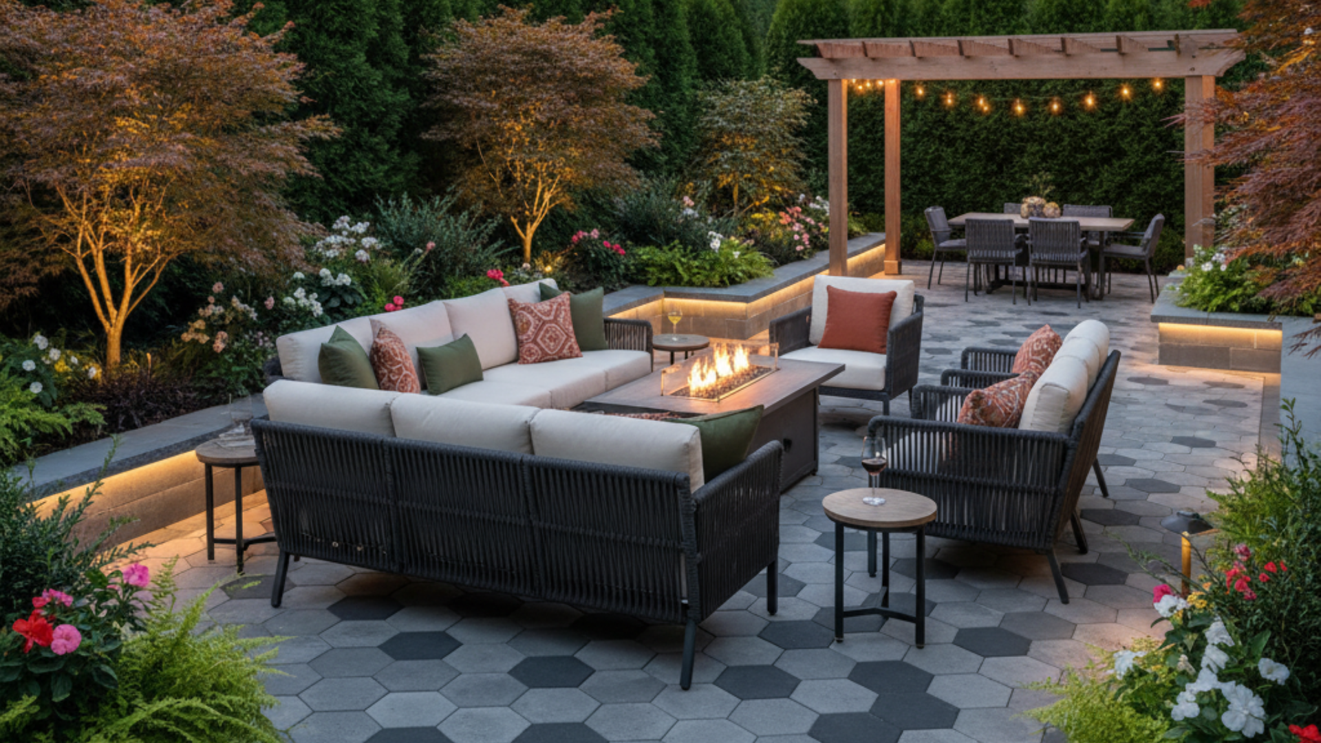 Cozy outdoor patio with a fire pit, seating area, and pergola with string lights at night.