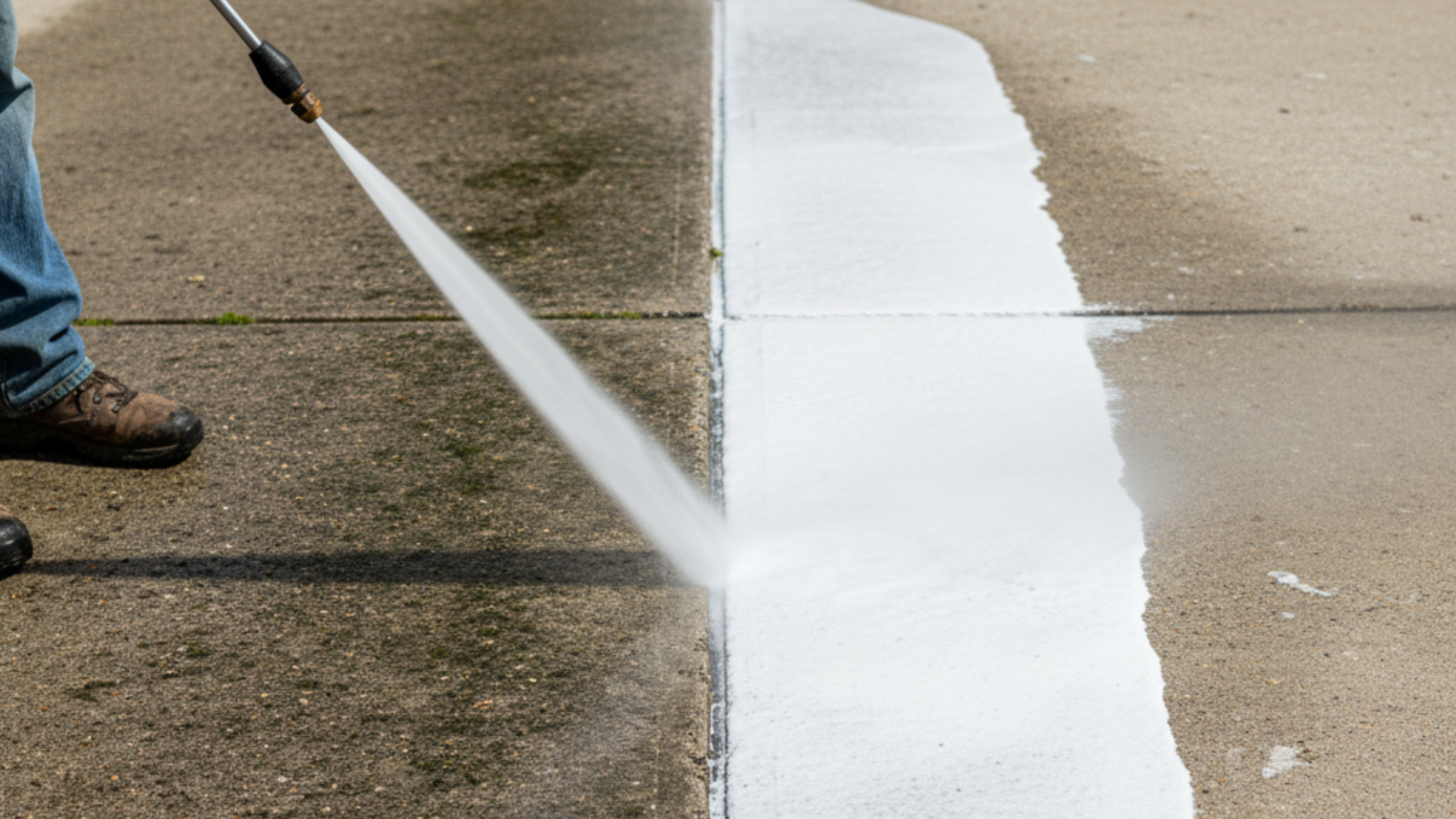 Person pressure washing a dirty concrete surface, revealing clean, bright white concrete.