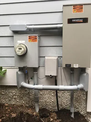 Exterior electrical panel installation on a house with meter, conduit, and a generator box.