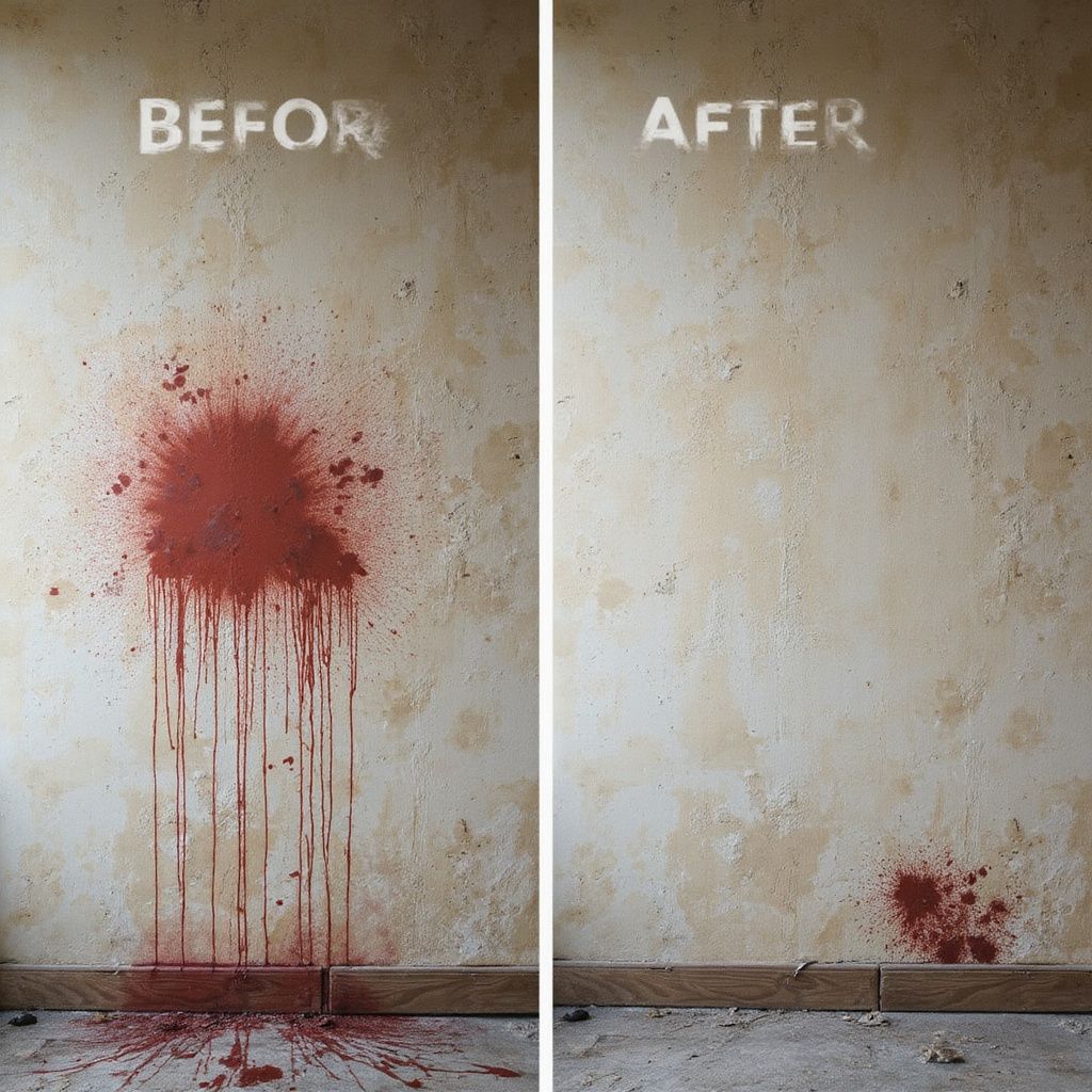 Wall with red splatter before and after cleaning.