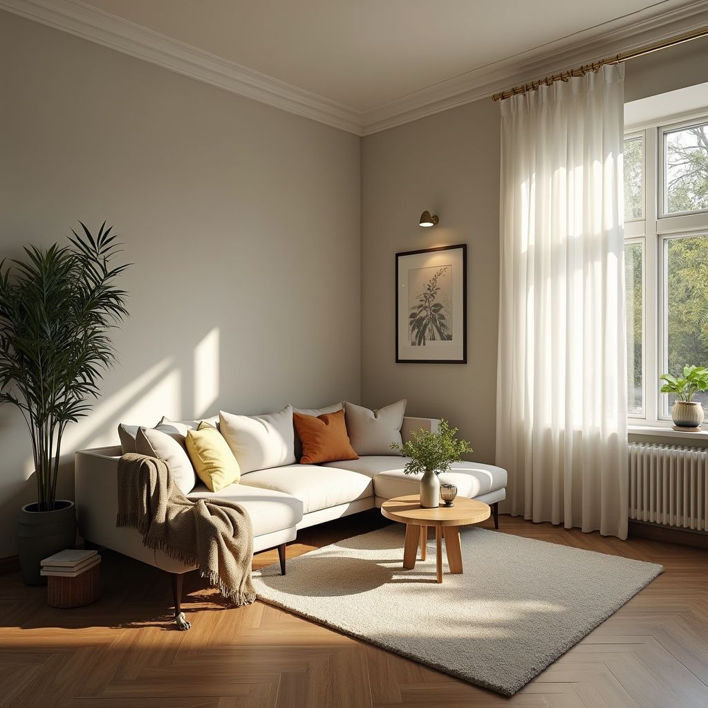 Living room with white sofa, rug, and large window with sheer curtains.