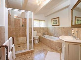 A bathroom with a tub , sink , toilet and shower.