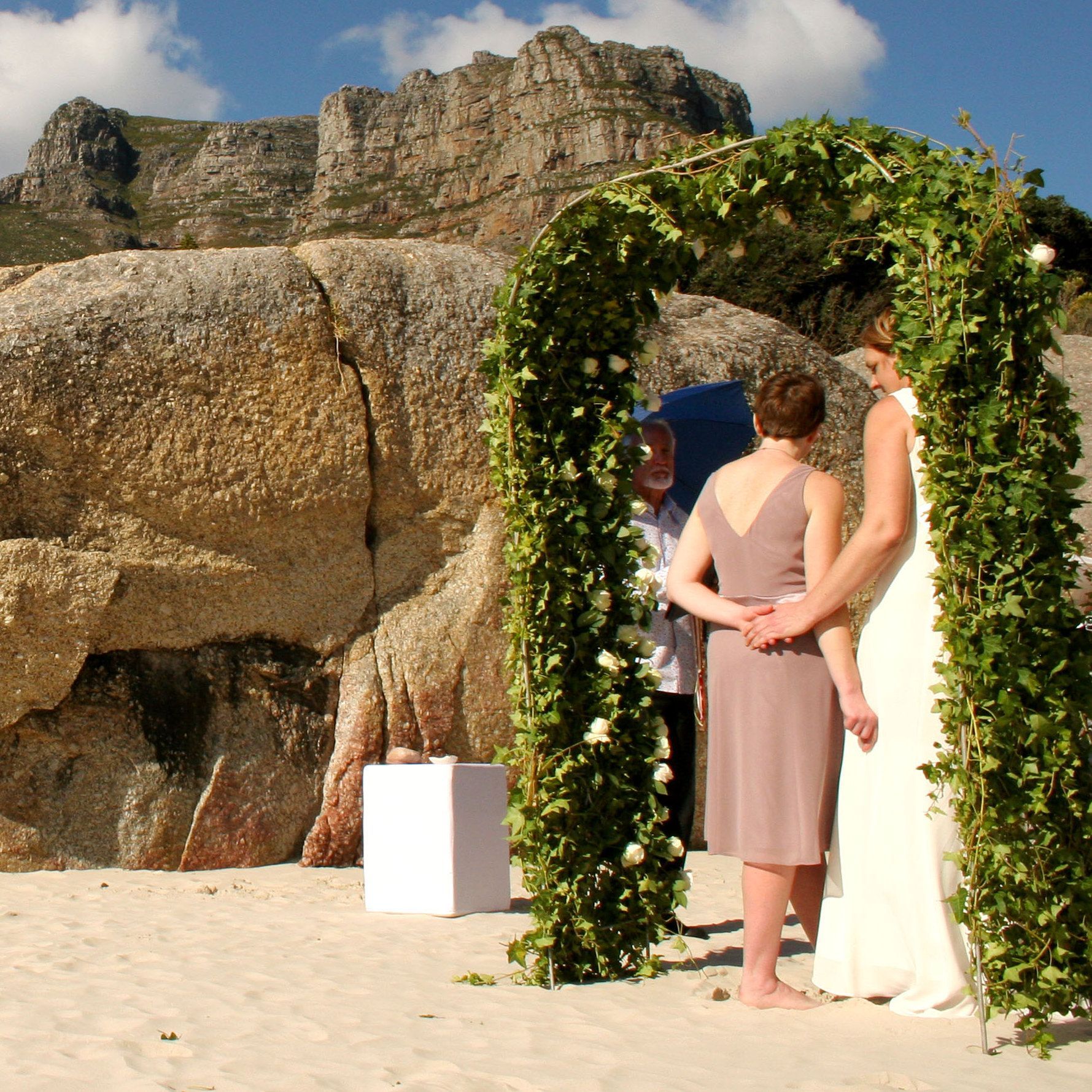 A bride and groom are holding hands during their wedding ceremony under a wooden arch.
