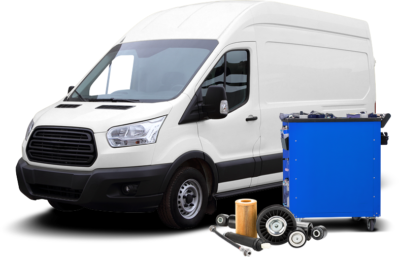 White cargo van with blue equipment on wheels and vehicle parts. | Top Quality Car Care | Top Quality Car Care