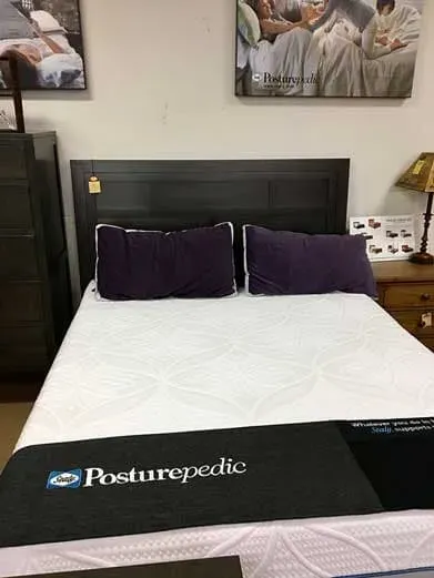 Black bed frame with purple pillows — Livonia, MI — Chris Furniture