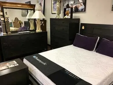 Black bed frame with purple pillows another angle — Livonia, MI — Chris Furniture