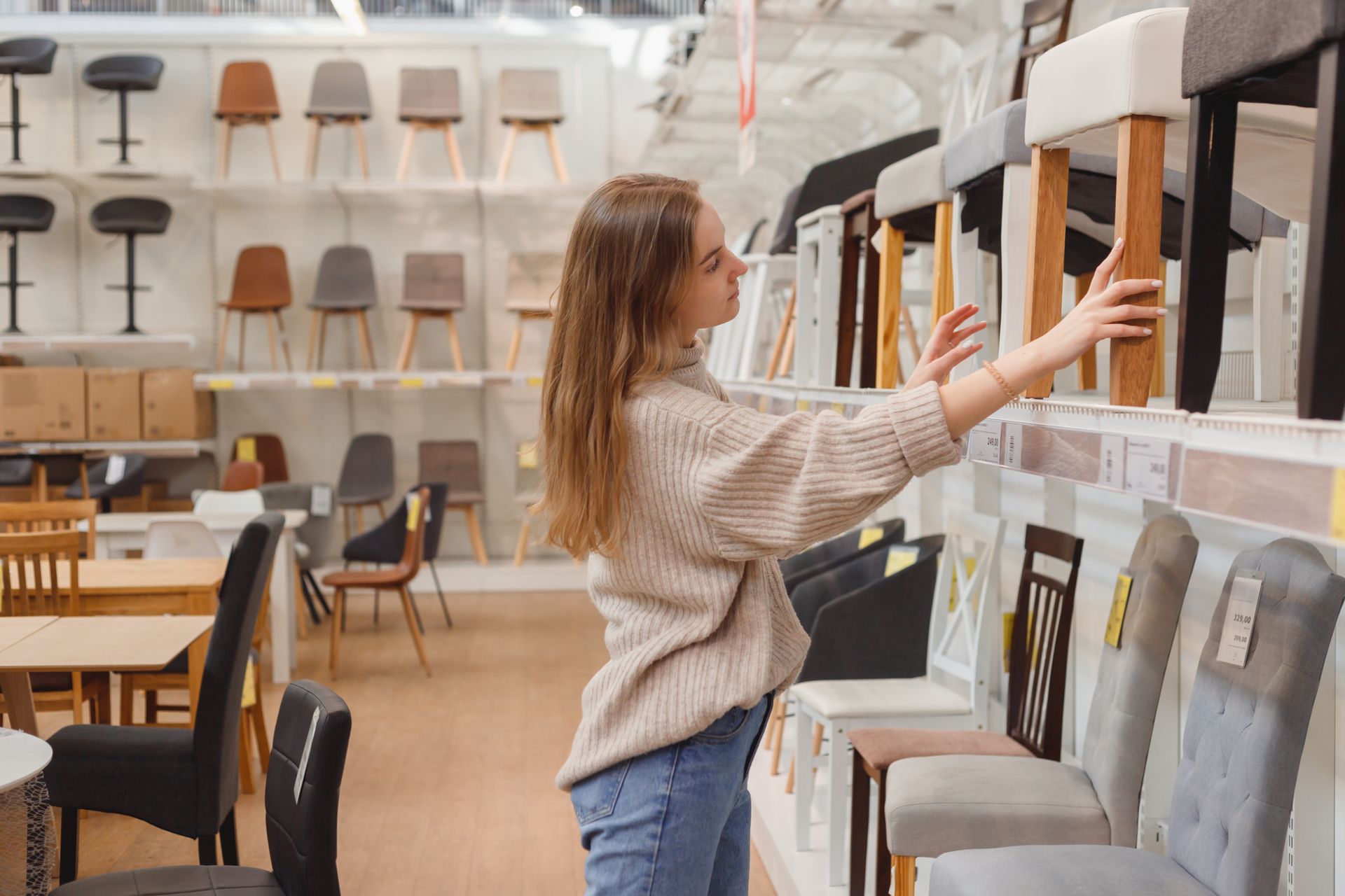 A woman is seeing chairs at a furniture store.