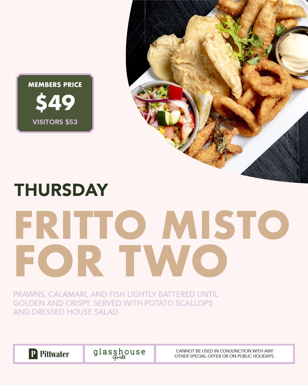 Thursday members lunch and dinner special at Glasshouse Grill, Mona Vale with slow-cooked ribs, chips and coleslaw