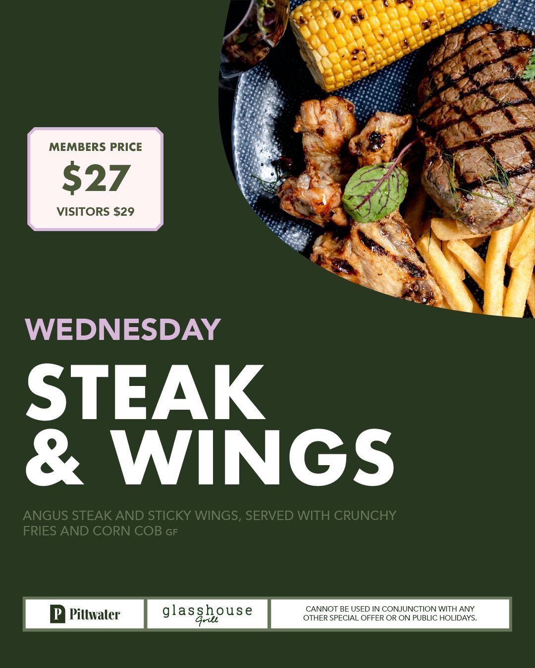 Wednesday members lunch and dinner special at Glasshouse Grill, Mona Vale featuring roast meat with seasonal vegetables