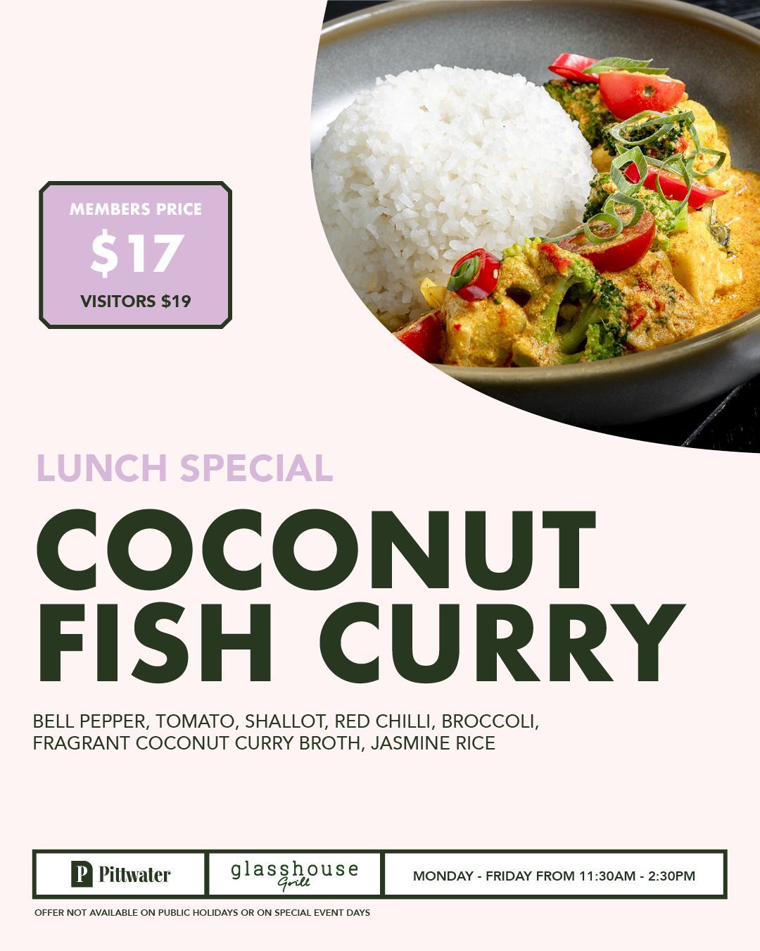 Members lunch special at Glasshouse Grill, Mona Vale with poached eggs served on toasted bread with roasted potatoes