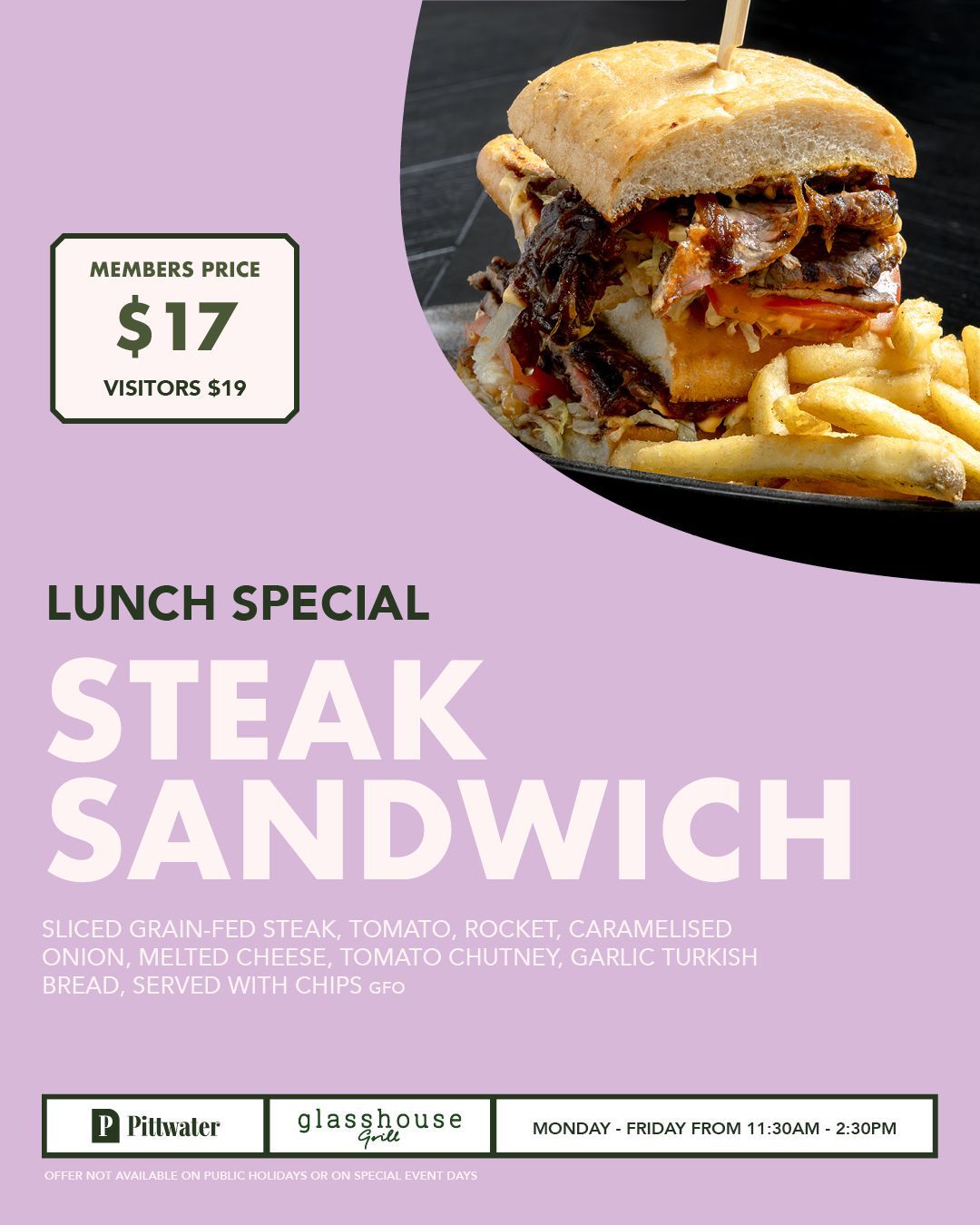 Members lunch special at Glasshouse Grill, Mona Vale featuring a grilled chicken burger with salad and sauce