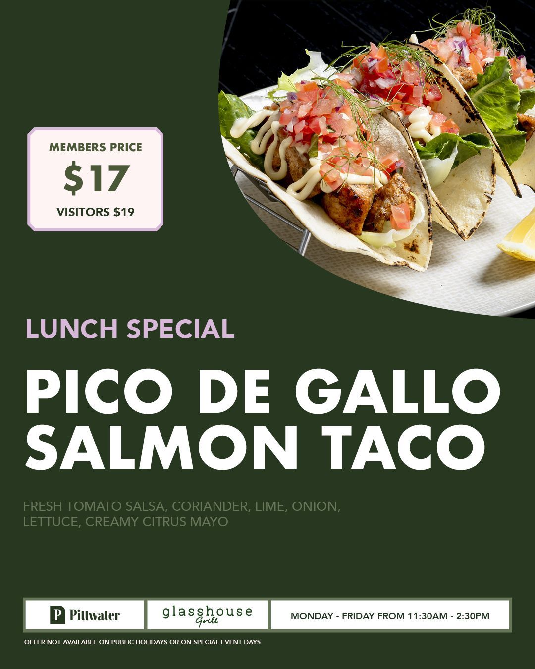 Members lunch special at Glasshouse Grill, Mona Vale featuring roasted chicken leg with potatoes, green beans and gravy