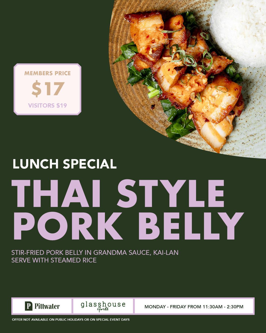 Wednesday members dinner special at Glasshouse Grill, Mona Vale featuring grilled steak topped with prawns and sides