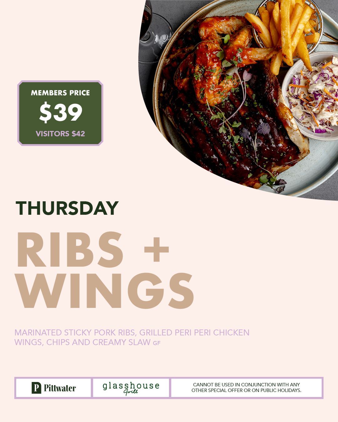 Thursday members lunch and dinner special at Glasshouse Grill, Mona Vale with slow-cooked ribs, chips and coleslaw