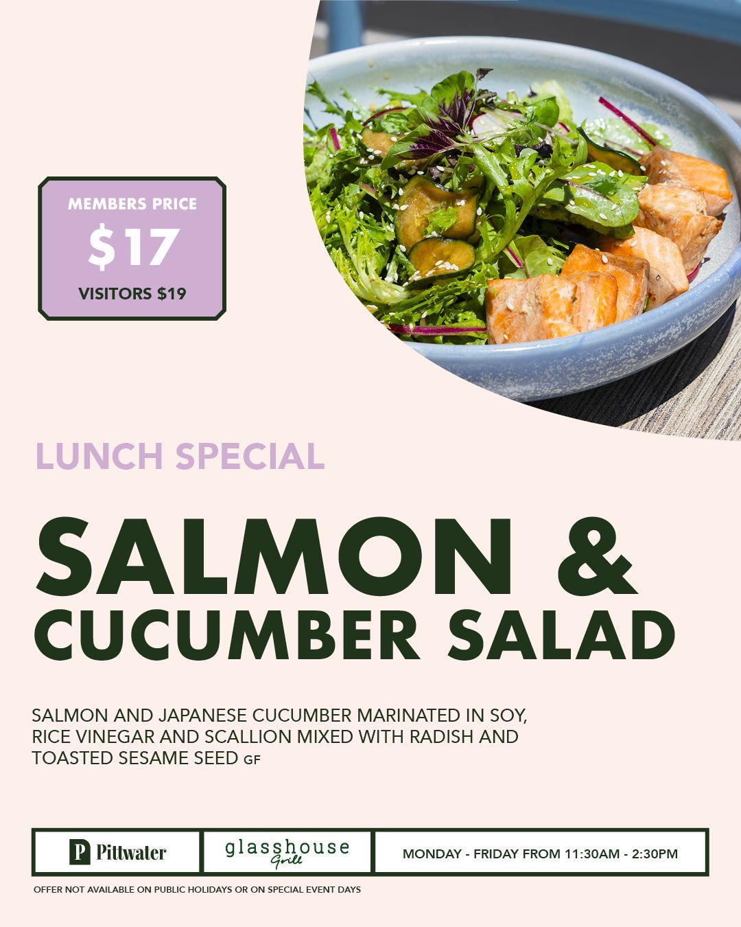 Members lunch special at Glasshouse Grill, Mona Vale with poached eggs served on toasted bread with roasted potatoes