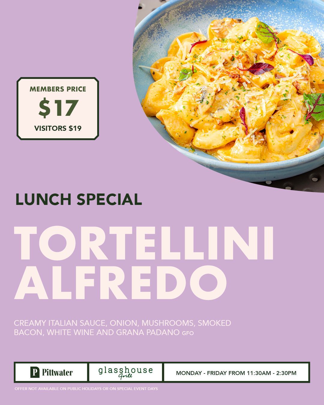 Members lunch special at Glasshouse Grill, Mona Vale featuring roasted chicken leg with potatoes, green beans and gravy