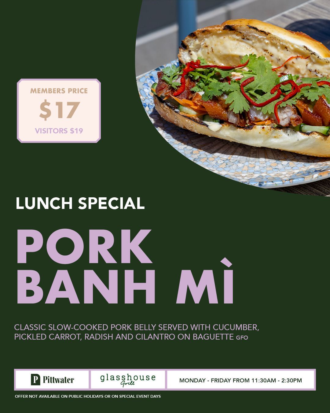 Wednesday members dinner special at Glasshouse Grill, Mona Vale featuring grilled steak topped with prawns and sides