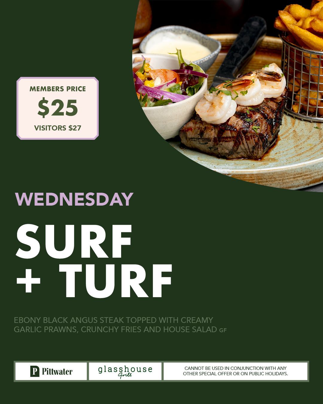 Wednesday members lunch and dinner special at Glasshouse Grill, Mona Vale featuring roast meat with seasonal vegetables