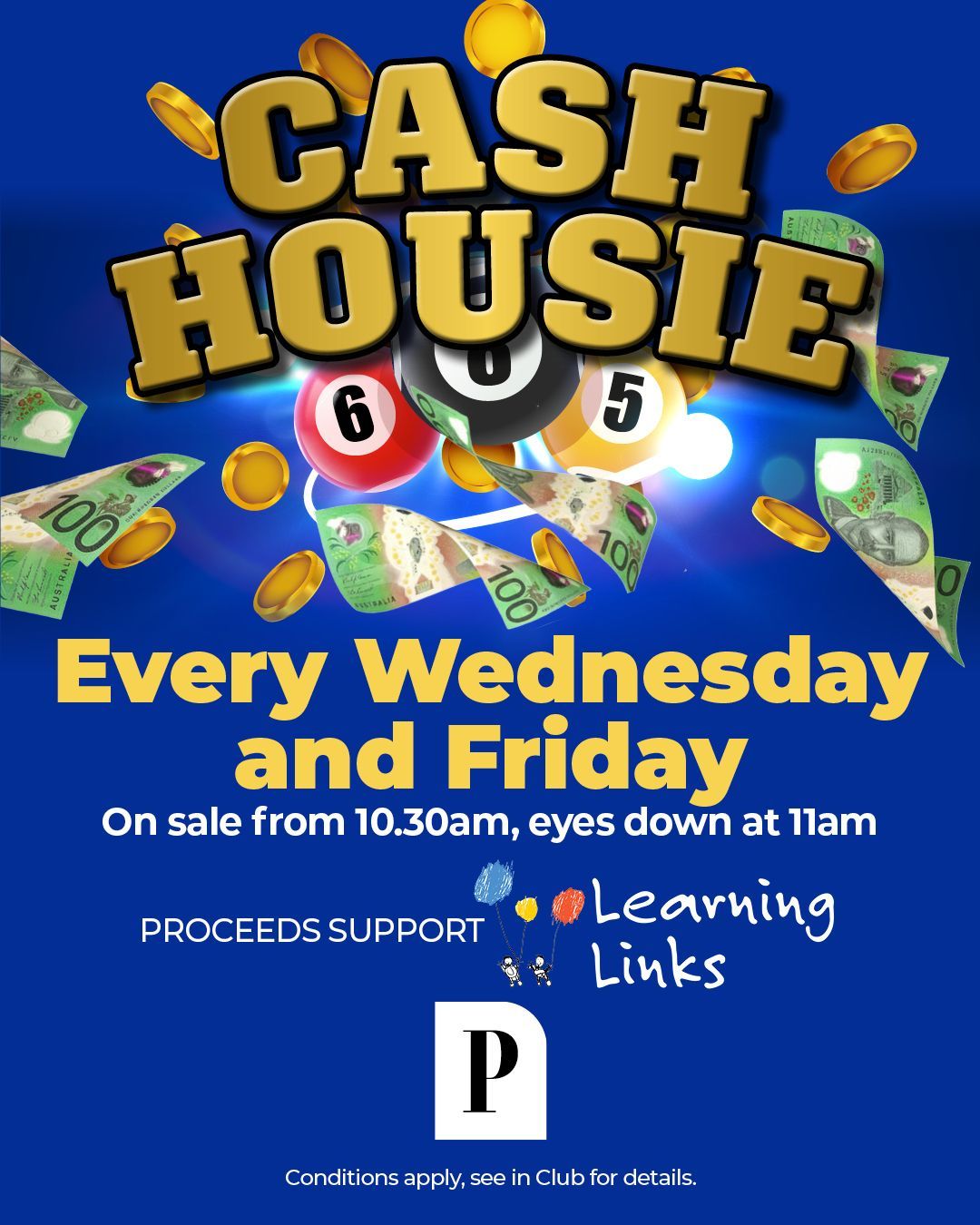 Cash Housie promotion at Pittwater RSL held Wednesdays and Fridays