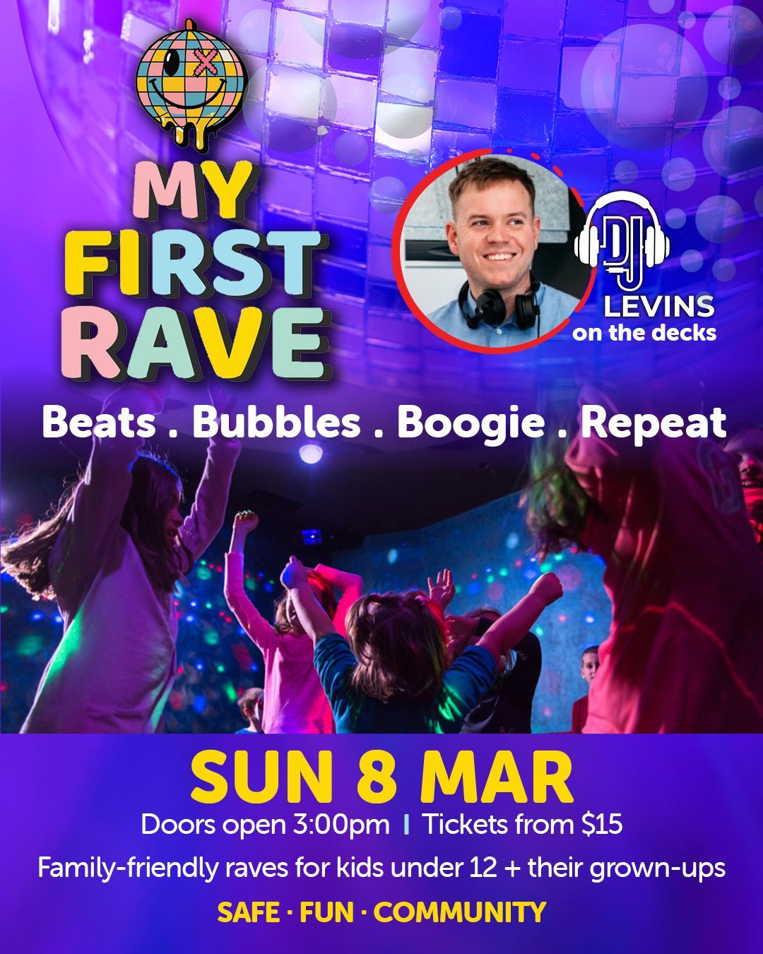 Colourful kids’ rave poster featuring DJ image and playful neon graphics