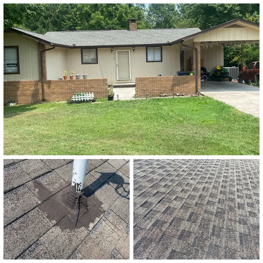 House with brick siding, a carport, and a grass yard. Close-ups show damaged roof shingles and a pipe's sealant.