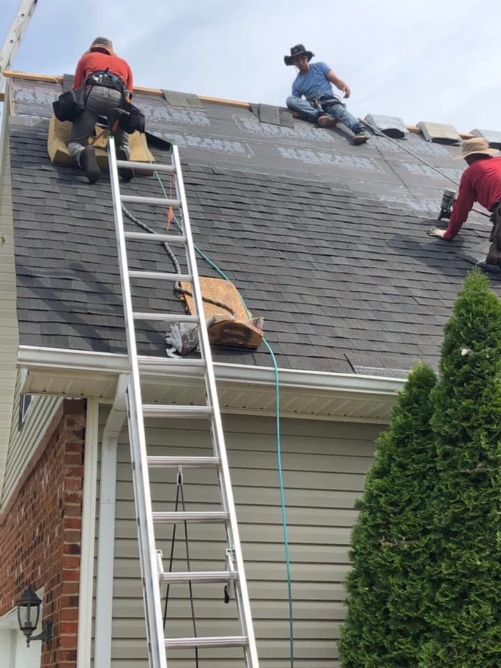 Three roofers work on a shingle roof. One uses a nail gun, one sits, and one works near a ladder.