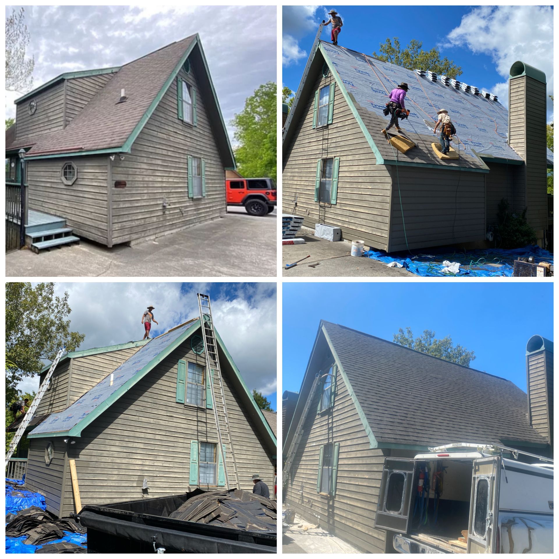A collage showing four stages of a house roof replacement, from the old roof to workers installing new dark shingles.
