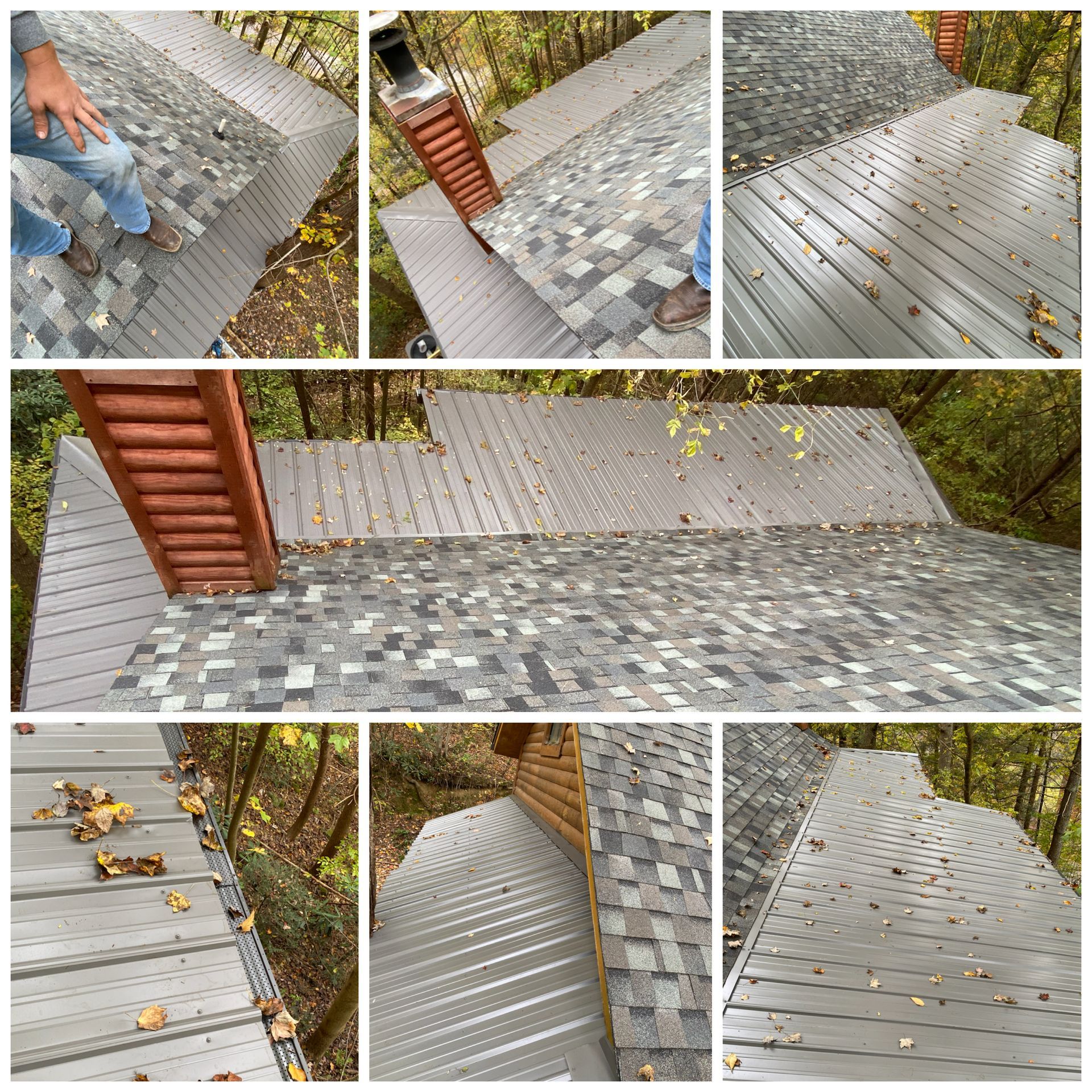 A collage showing metal roofing panels being installed next to shingled roof sections on a wooded home.